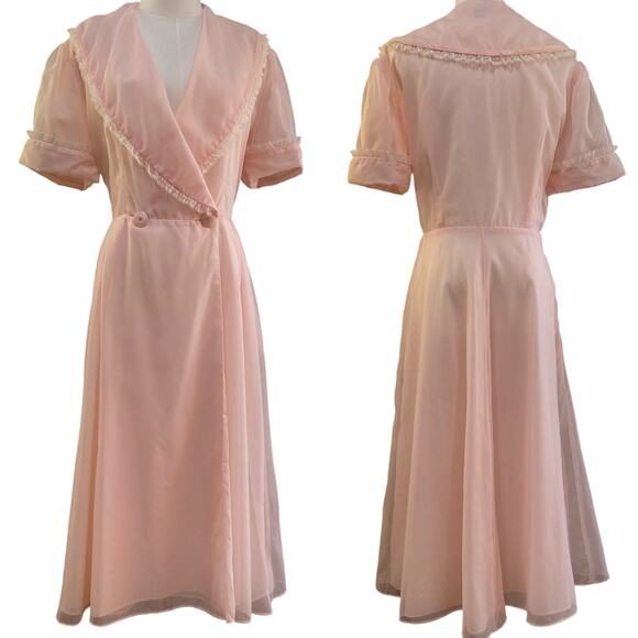 Vintage 50s Pink Nylon Chiffon Lacy Housecoat Dressing Gown Robe Women's Size M